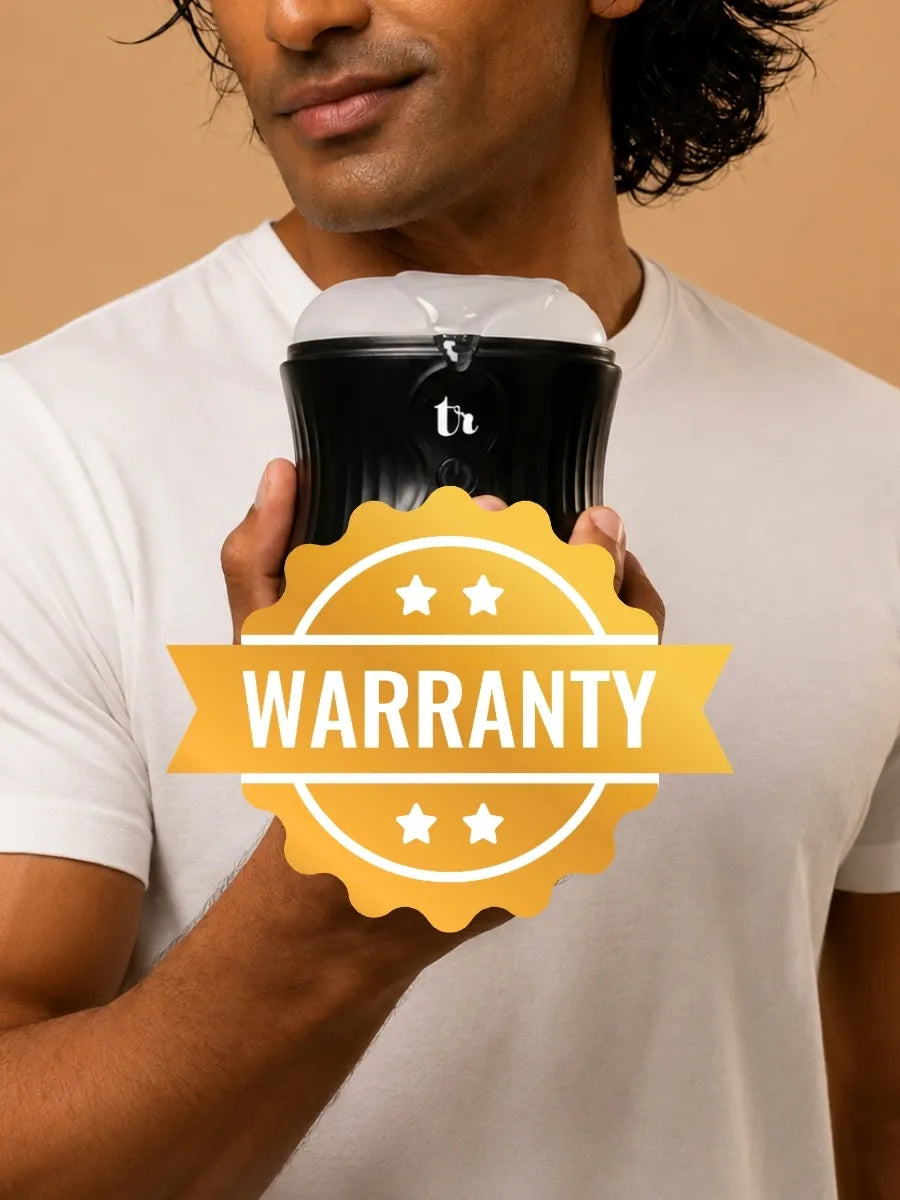 A man holding the Thrill Cup stroker with a gold warranty seal over it