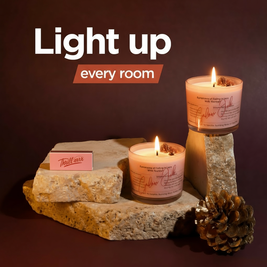 Lit Glow Job scented candles on a stone and wood display with the words Light up every room, a Diwali gift idea