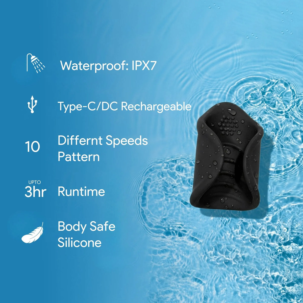 Rechargeable massager spec card showing Type-C and DC charging