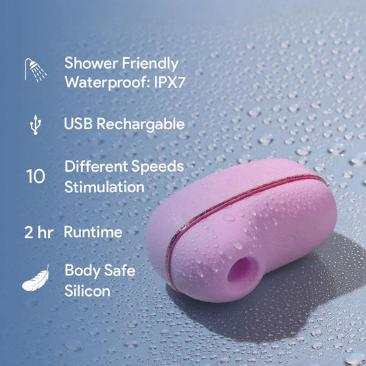 Lilac Thrillpods air-suction massager covered in water droplets with a shower-friendly IPX7 feature card
