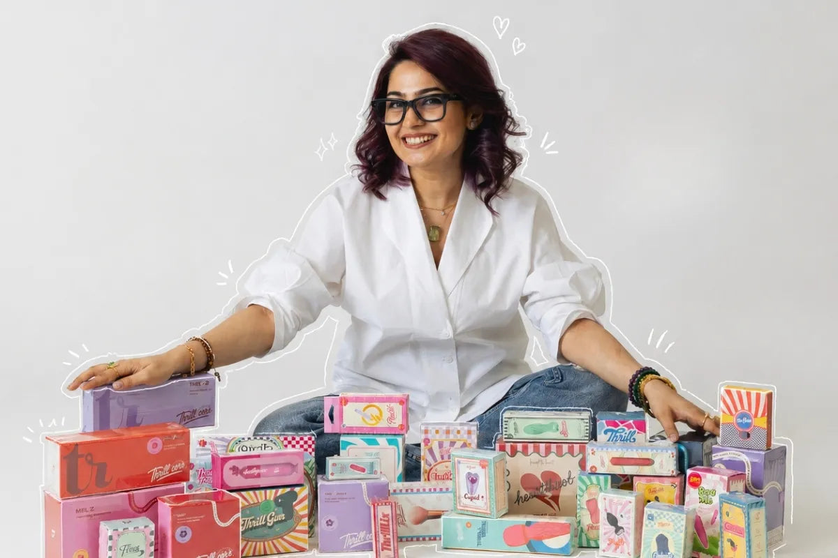 Arisha Nigam seated with the Thrillerrr product range